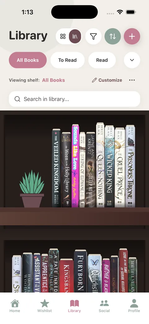 Mibrary visual library showing custom shelves with photographed book spines