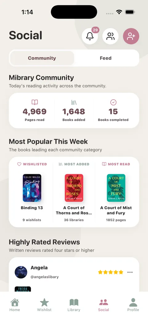 Mibrary social community screen showing reading activity, popular books, and reader reviews