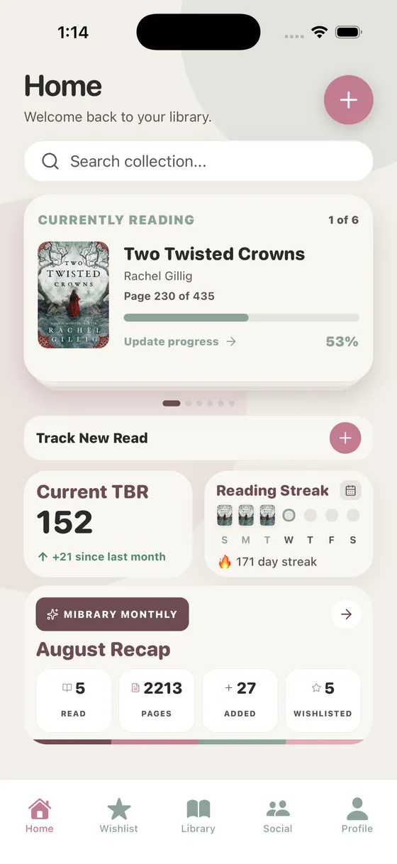 Mibrary home dashboard showing current reading progress, reading streak, TBR, and monthly recap